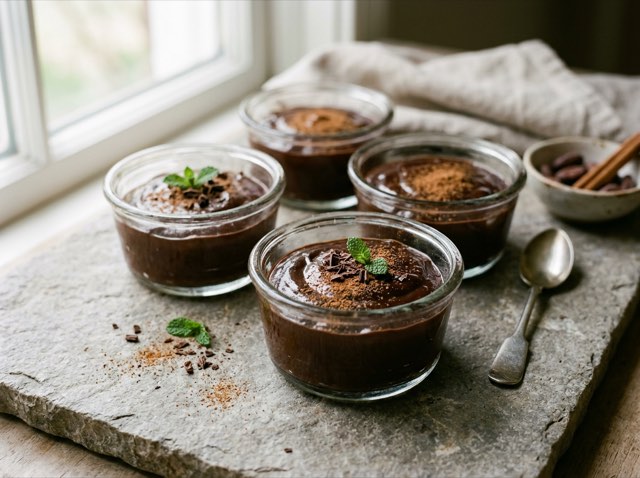 Four glass ramekins filled with velvety dark chocolate avocado pudding dusted with fragrant ground cinnamon.