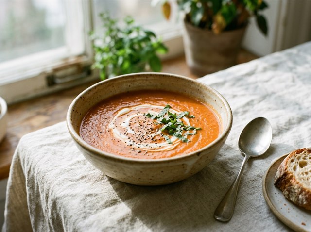 A white bowl of creamy roasted tomato soup with a gentle milk swirl and cracked black pepper.