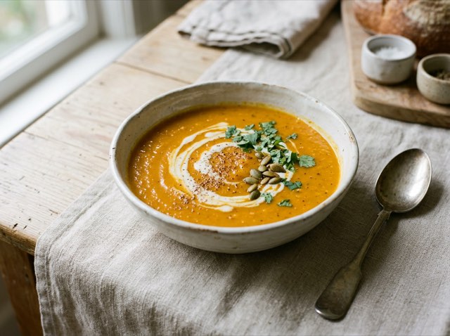 Creamy orange sweet potato soup swirled with coconut milk and dusted with nutmeg in a ceramic bowl.