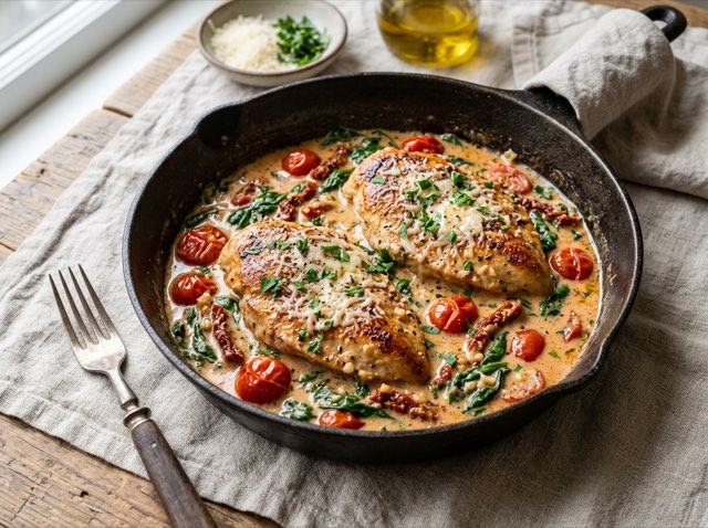 Golden seared chicken breasts coated in a creamy pink garlic and cherry tomato sauce in a skillet.