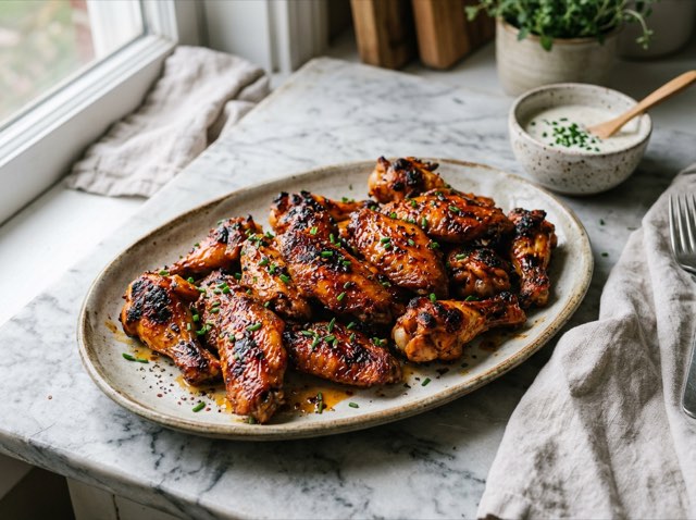Golden-brown crispy chicken wings glazed in a glossy, vibrant orange-red hot sauce on a ceramic platter.