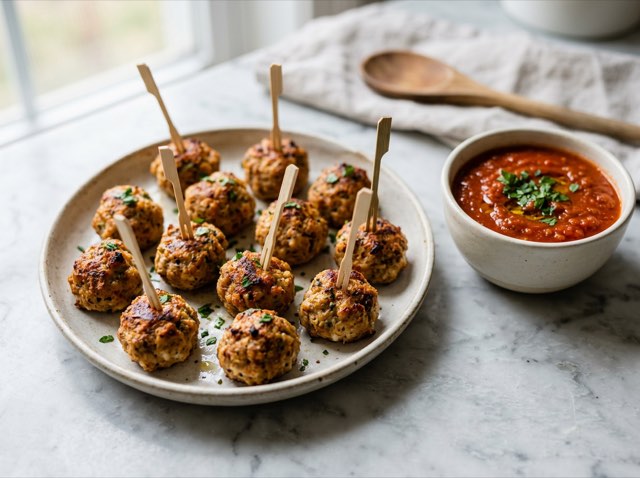 Golden baked turkey meatball snack bites on a platter with wooden toothpicks and a small bowl of red marinara sauce.