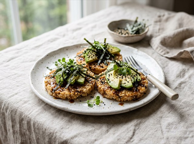 Toasted wild rice cakes drizzled with savory glaze and topped with thin nori seaweed ribbons on a ceramic plate.