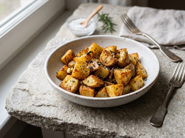Golden, crispy roasted potato cubes speckled with dried herbs and crushed garlic in a shallow white ceramic bowl.