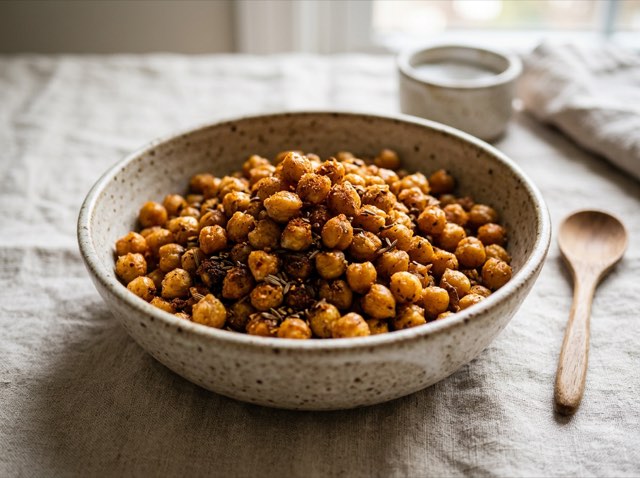 Golden brown crispy roasted chickpeas tossed in red paprika and cumin, served in a ceramic bowl on a light stone surface.