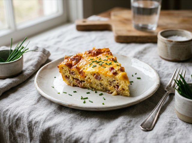 Golden crustless quiche wedge with browned cheddar edges and a creamy baked custard center on a ceramic plate.