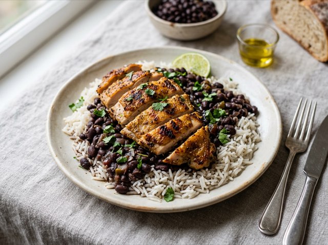 Seared golden mojo chicken thighs served over fluffy white rice and seasoned Cuban black beans in a shallow bowl.