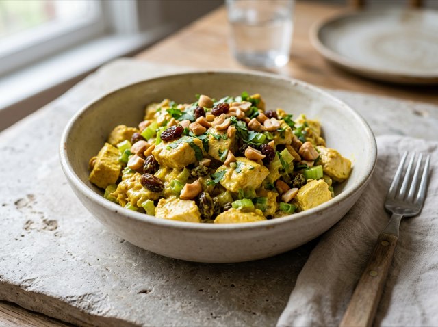 Creamy curried chicken salad with golden raisins and chopped cashews in a ceramic serving bowl
