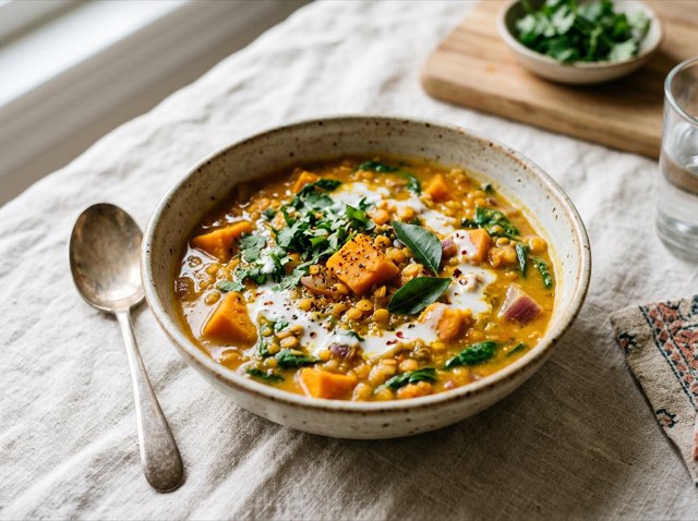 A bowl of golden curried sweet potato stew with coconut milk on a neutral surface