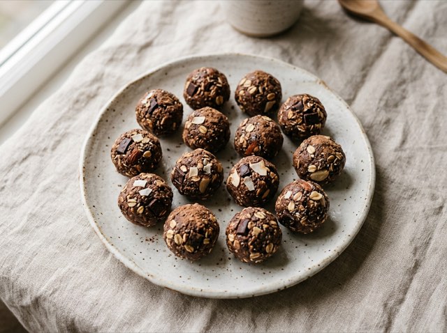 Dark chocolate almond butter protein bites flecked with rolled oats and dark chocolate bits on parchment paper.