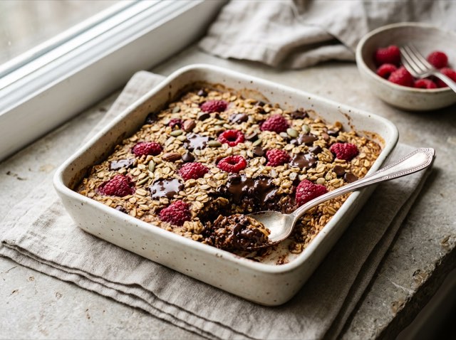 Golden baked oatmeal in a ceramic dish topped with melted dark chocolate chunks and warm raspberries.
