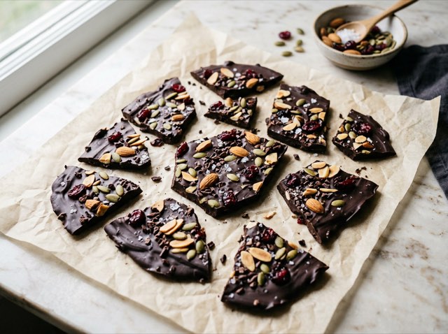 Shards of dark chocolate bark topped with toasted almonds, green pumpkin seeds, red cranberries, and flaky sea salt.