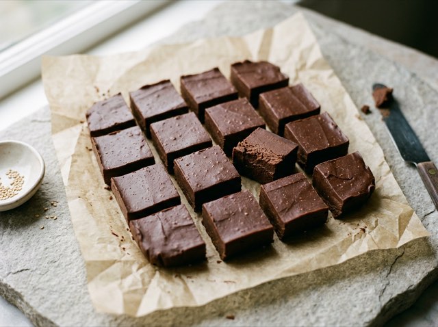 Neat squares of dark chocolate tahini fudge resting on parchment paper atop a light stone counter.