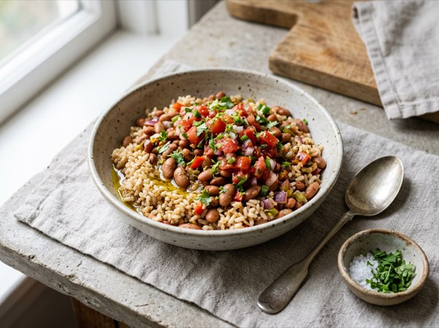 Fiesta bowl of seasoned brown rice and pinto beans topped with vibrant chunky salsa and a drizzle of rich avocado oil.