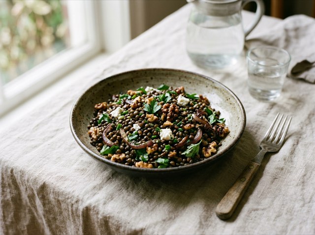 Warm toasted walnuts dressed in a glossy Dijon and thyme vinaigrette in a shallow ceramic bowl.