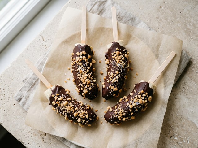 Four dark chocolate dipped frozen banana pops on wooden skewers coated in crushed peanuts and flaky sea salt.