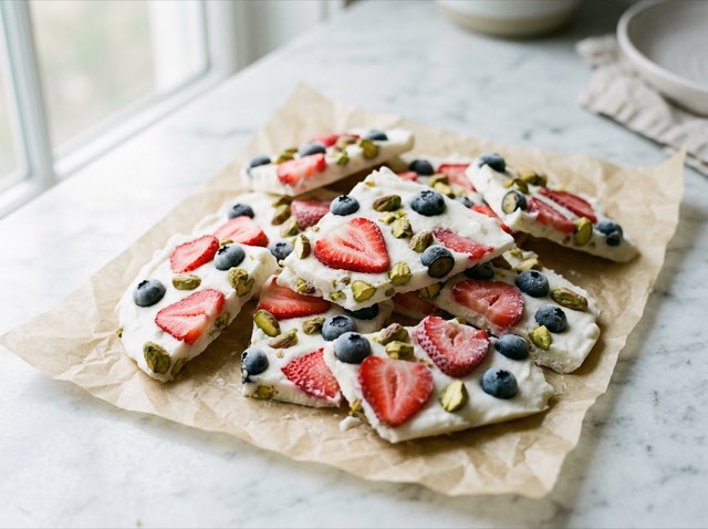 Shards of frozen Greek yogurt bark topped with sliced strawberries, blueberries, and chopped green pistachios.