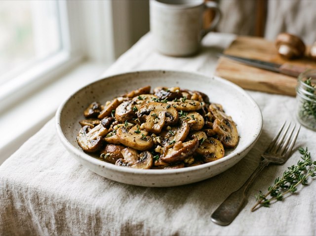 Golden-brown sautéed mushrooms glistening with garlic herb butter in a warm ceramic serving dish.