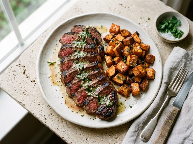 Sliced seared sirloin steak basted in garlic herb butter served alongside roasted spiced sweet potato cubes.