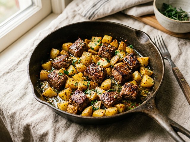 Golden seared steak bites and crispy diced potatoes glazed with garlic herb butter in a cast iron skillet.