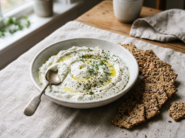 Whipped Greek yogurt dip swirled with olive oil and dried oregano in a shallow ceramic bowl with flaxseed crackers.