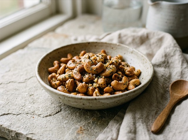 Golden roasted cashews speckled with dried thyme leaves and coarse salt in a small ceramic bowl.
