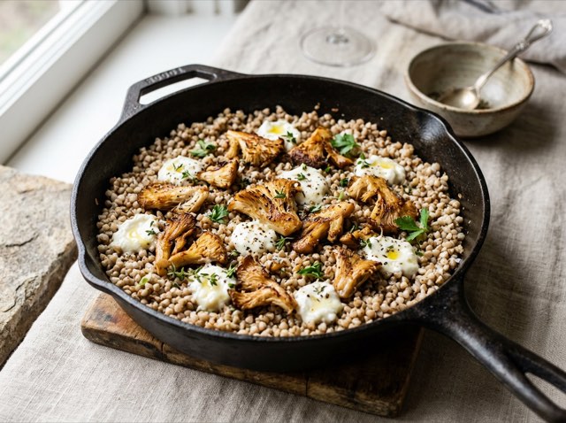 Cast-iron skillet filled with tender buckwheat, sautéed golden mushrooms, and melted goat chèvre with fresh thyme.
