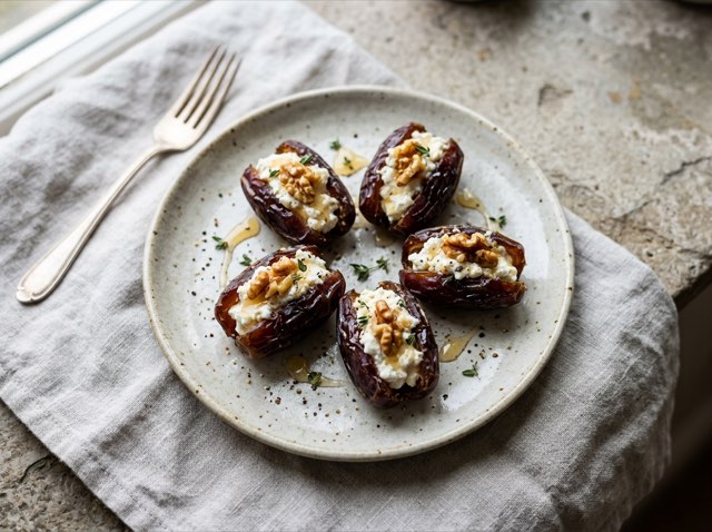 Four plump Medjool dates stuffed with soft white goat cheese and toasted walnuts, drizzled with honey on a white plate.