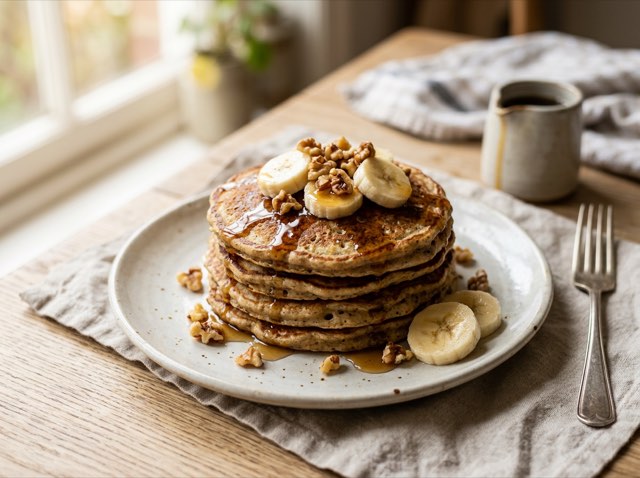 A stack of golden almond flour banana pancakes sprinkled with chopped walnuts on a ceramic plate in morning light.