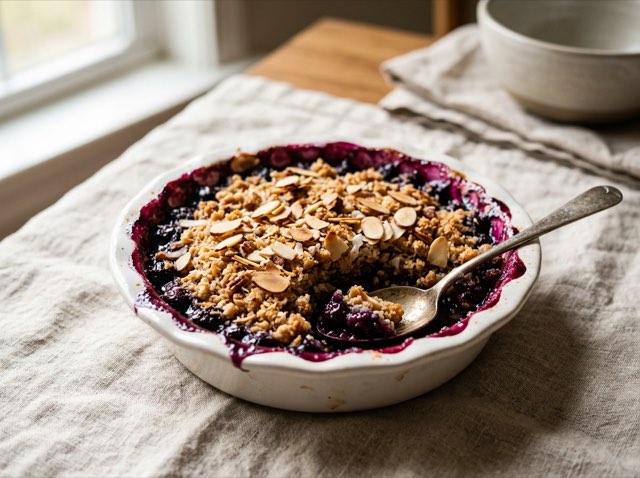 Warm blueberry almond crisp in a baking dish with bubbling purple fruit and a golden toasted almond topping.