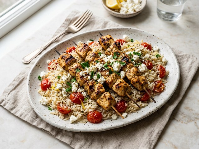 Baked Greek chicken souvlaki skewers served over cherry tomato basmati rice topped with crumbled white feta cheese.