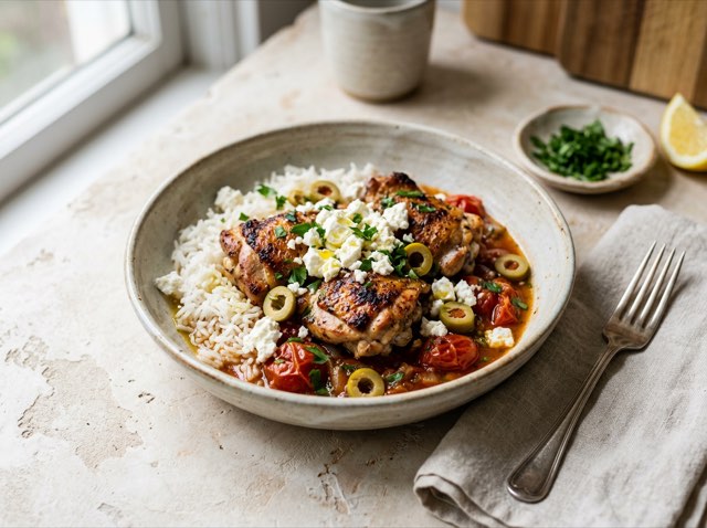 Golden seared Greek chicken thighs over fluffy basmati rice with warm tomato sauce, sliced olives, and feta in a bowl.