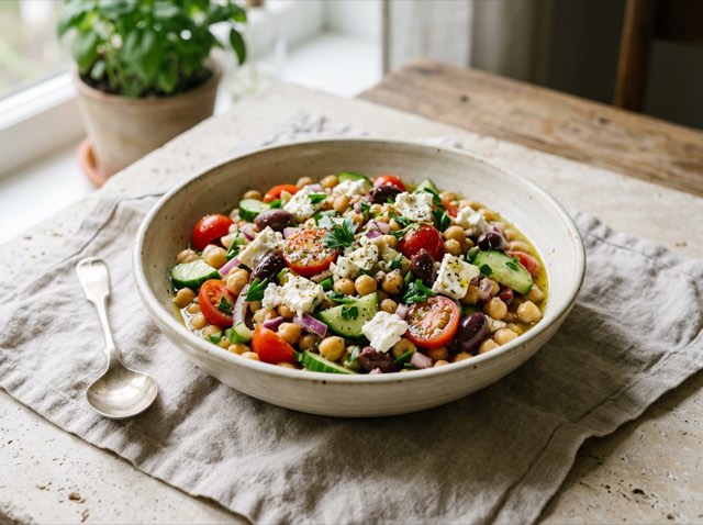 Greek chickpea salad tossed with crumbled goat feta and sliced olives in a shallow white ceramic bowl.