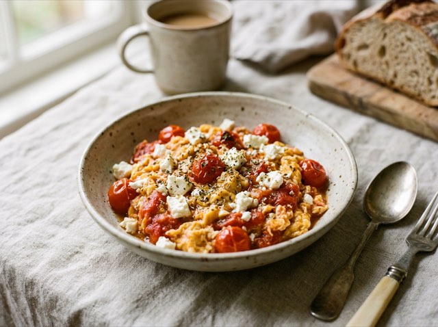 Soft scrambled eggs folded with rich red cherry tomato puree and white crumbled feta in a shallow ceramic bowl.