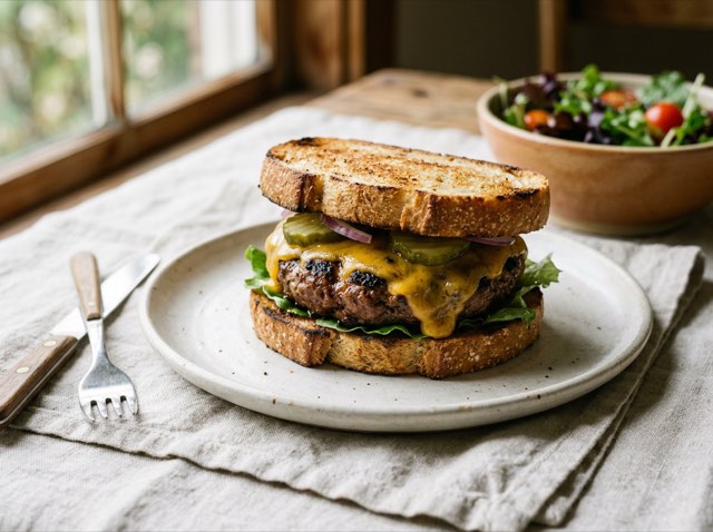 Grilled bison cheeseburger with melted cheddar and pickles on toasted sourdough bread.