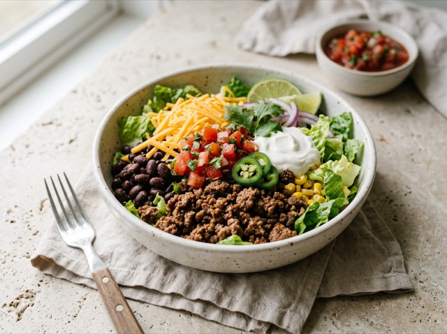 A vibrant taco salad bowl with spiced ground beef, black beans, shredded sharp cheddar, salsa, and sour cream.