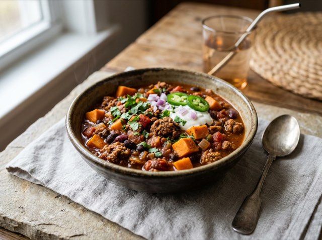 A bowl of thick ground bison chili with diced orange sweet potatoes and rich tomato sauce on a light table.