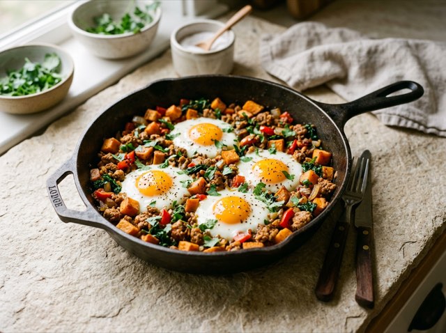 Cast-iron breakfast skillet with golden sweet potatoes, spiced ground turkey, and four sunny eggs.
