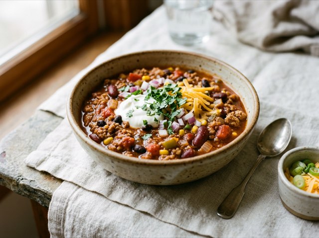 A steaming bowl of thick turkey chili loaded with kidney beans and black beans, served on a light surface.