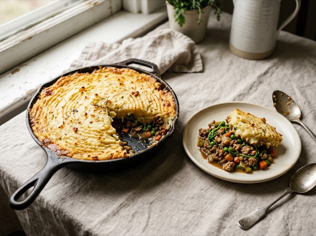 Skillet ground turkey shepherd's pie topped with golden browned mashed potatoes and melted cheddar.