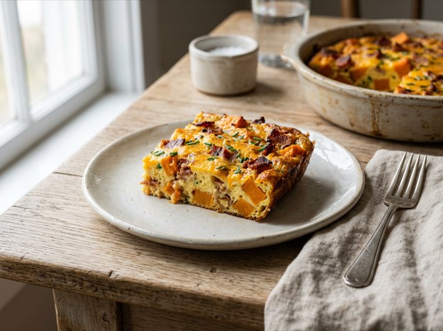 Golden sliced egg casserole with melted cheddar cheese and tender sweet potatoes on a white plate.