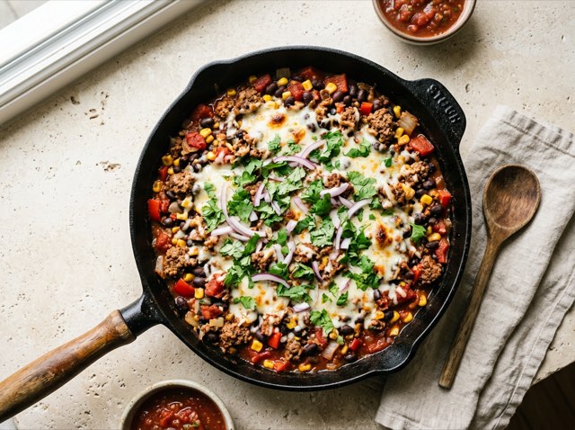 High-protein ground bison and black bean skillet with bubbling melted white cheddar cheese and warm chili spices.