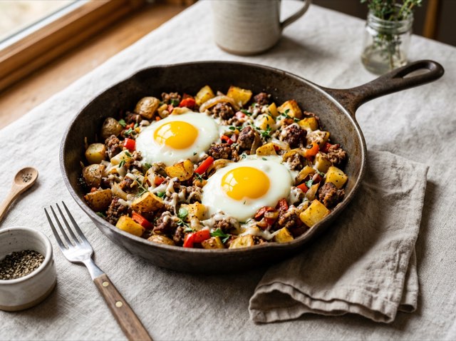Cast-iron skillet of crispy potato and bison hash topped with melted white cheddar and two runny sunny-side eggs.