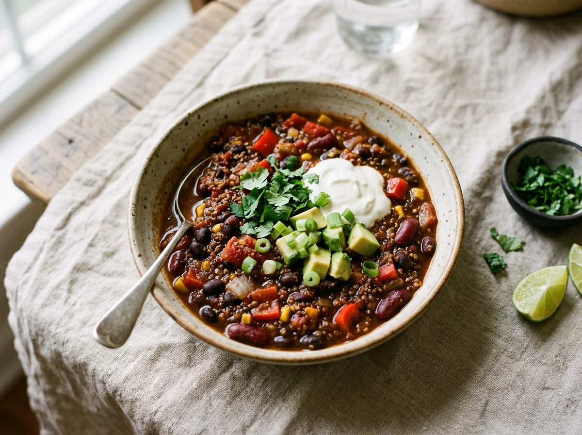 A steaming bowl of thick black bean, kidney bean, and quinoa chili garnished with fresh herbs on a light surface.