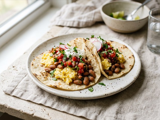 Two warm breakfast tacos filled with cheesy scrambled eggs, mashed pinto beans, and vibrant hot salsa on a plate.