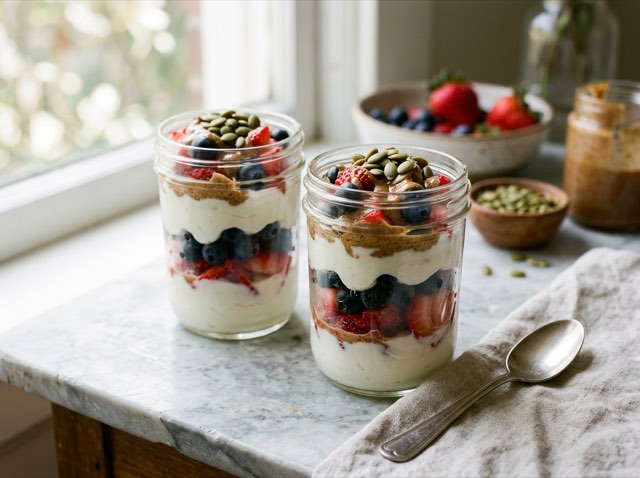 Two glass parfaits layered with thick Greek yogurt, vibrant berries, almond butter drizzles, and green pumpkin seeds.