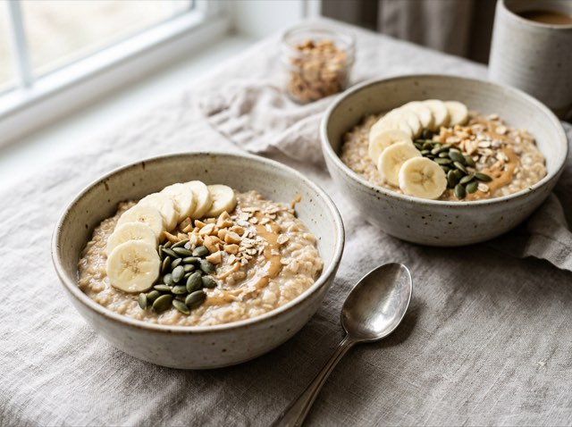 A ceramic bowl filled with thick peanut butter oatmeal topped with pumpkin seeds and sliced bananas.