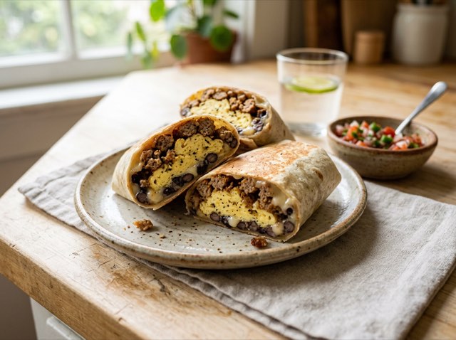Two halved high-protein breakfast burritos displaying spiced turkey sausage, scrambled eggs, black beans, and cheddar.