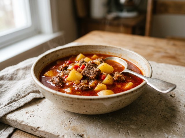 Hungarian beef goulash soup with tender beef cubes and diced gold potatoes in a rich paprika broth.
