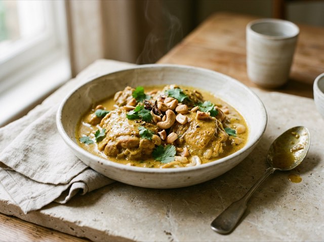 Creamy golden chicken korma garnished with crushed cashews in a shallow ceramic bowl.